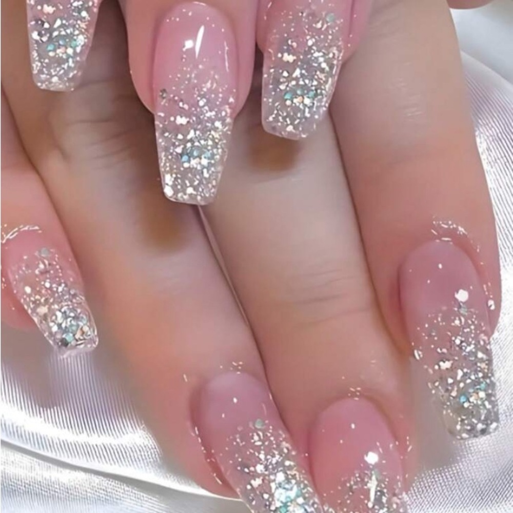 Elegant Pink Press-On Nails with Glitter Gradient and Coffin Shape